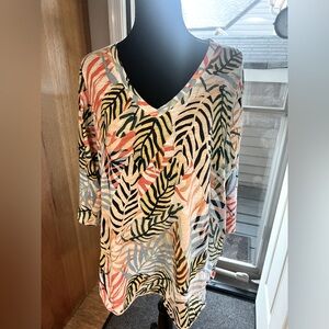 Tahari Black, Orange & Green Leafy Tropical Vibe Top EUC